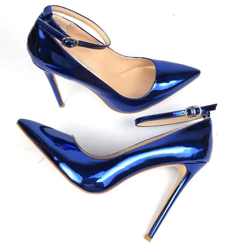 European and American Export Pointed Toe Stiletto Heels Pearlescent Patent Leather Stiletto Heels Belt Buckle Catwalk Fashion 47 Large Size Leather Shoes