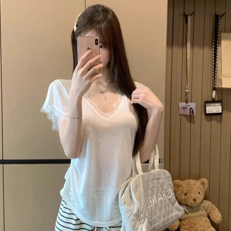 深いvレースはtシャツの女性の夏の薄いタイプの2025ゆったりした白いtの底のシャツのデザイン感の上着の半袖の甘いギャルをつなぎます。|undefined