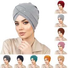 亚马逊现货冲片前额交叉套头帽烫钻纯色女士头巾帽简约百搭包头帽