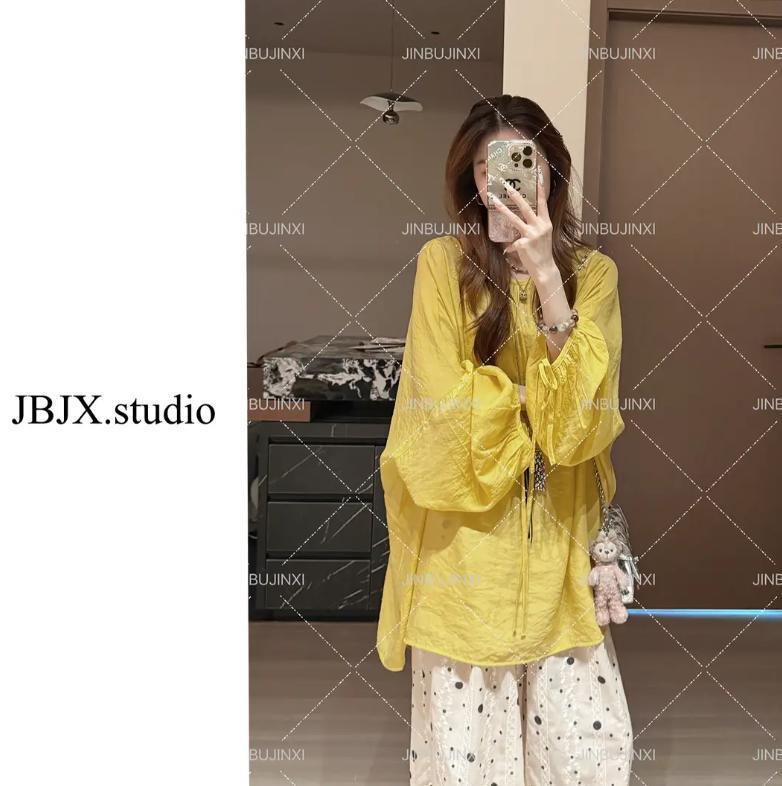 【Bright Yellow Thin Summer Shirt with a Lazy Vibe】Summer Long-Sleeve Shirt, Loose and Versatile, Slimming for Women 【Bright Yellow Thin Summer Shirt with a Lazy Vibe】Summer Long-Sleeve Shirt, Loose and Versatile, Slimming for Women