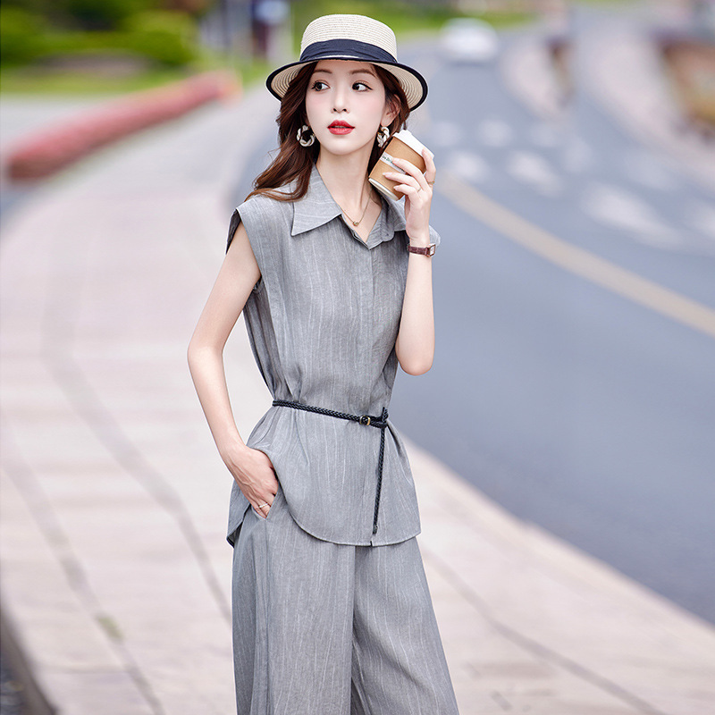 ノースリーブシャツとワイドパンツのツーピーススーツ、女性用夏の新しいスタイル、スリムでファッショナブル、年齢を軽減する衣装の完全なセット|undefined