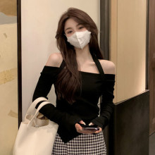 金曼琪一件代发罗纹一字肩长袖T恤女春秋辣妹小众短款修身t恤上衣