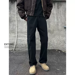 Entong男装美式高街vibe黑色立裁牛仔裤街头痞帅宽松直筒显瘦长裤