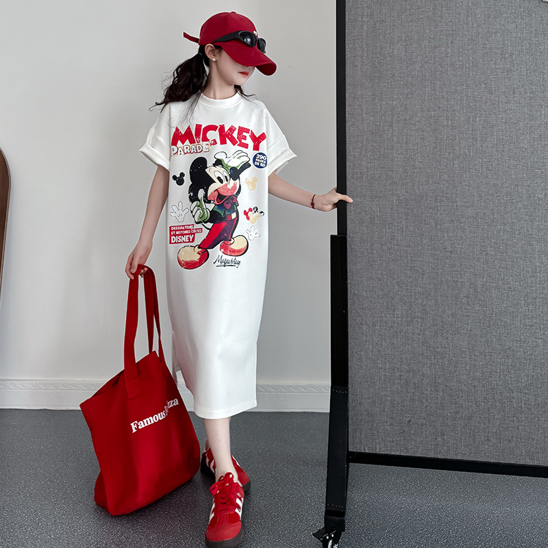 QZ3422 Summer New Children's Wear Girl Big Child Cotton T-Shirt Dress Long Knitted Dress Mickey Printed Hair