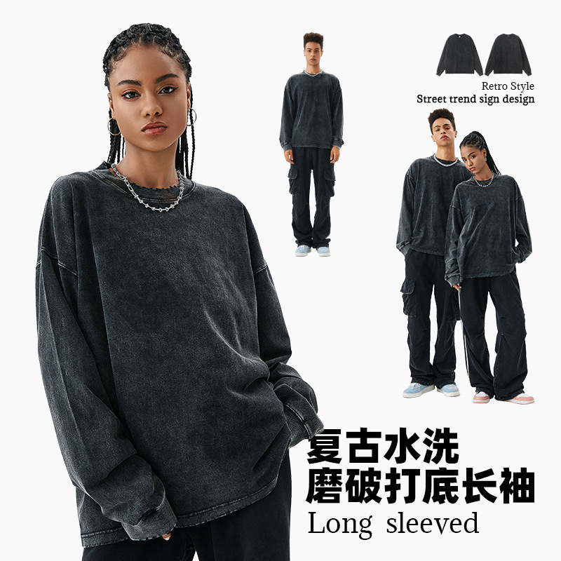 TILANI vintage lavado ropa de hombre 250g cáñamo algodón llanura desgaste artesanía diseño bottoming hombres de manga larga pareja desgaste