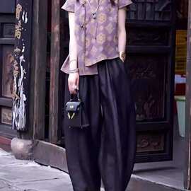 一整套超火夏装感气质新中式国风盘扣短袖上衣阔腿裤套装透气