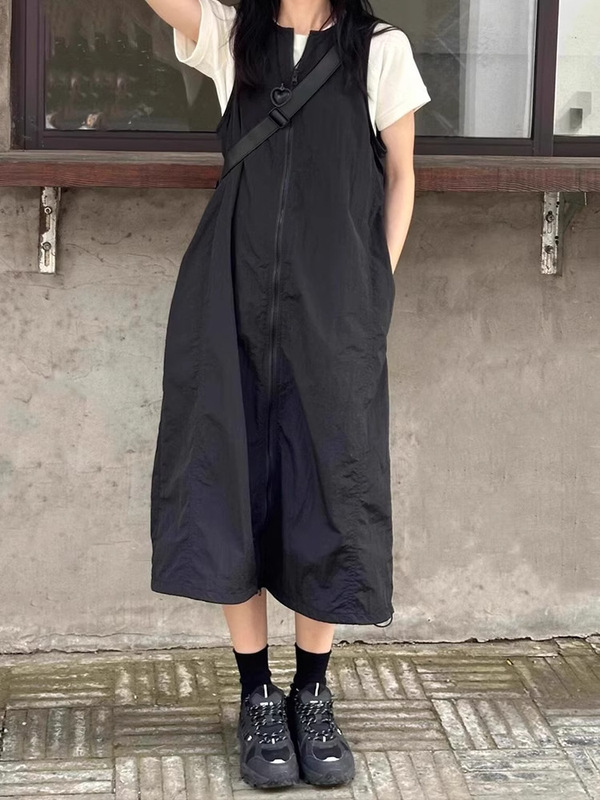 山系黑色工装背心裙女夏季新款连衣裙大码裙子胖mm宽松显瘦背带裙|undefined