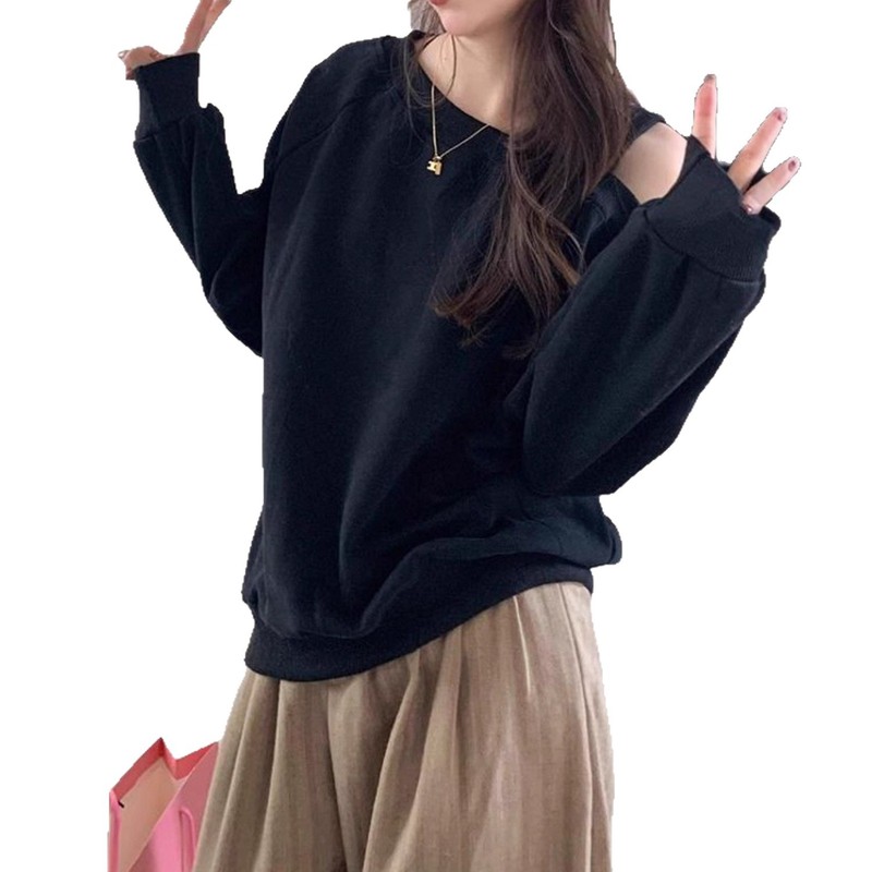 慵懒风灰色斜领露肩长袖卫衣女春秋宽松显瘦休闲百搭套头无帽上衣|undefined