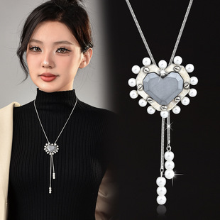 Factory direct love pearl stitching gray diamond cement heart necklace men and women Cuba chain love lovers chain wholesale