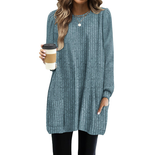 Autumn and Winter European and American Style TEMU Independent Website – Long-Sleeved, Loose-Fit Casual Bubble T-Shirt for Women