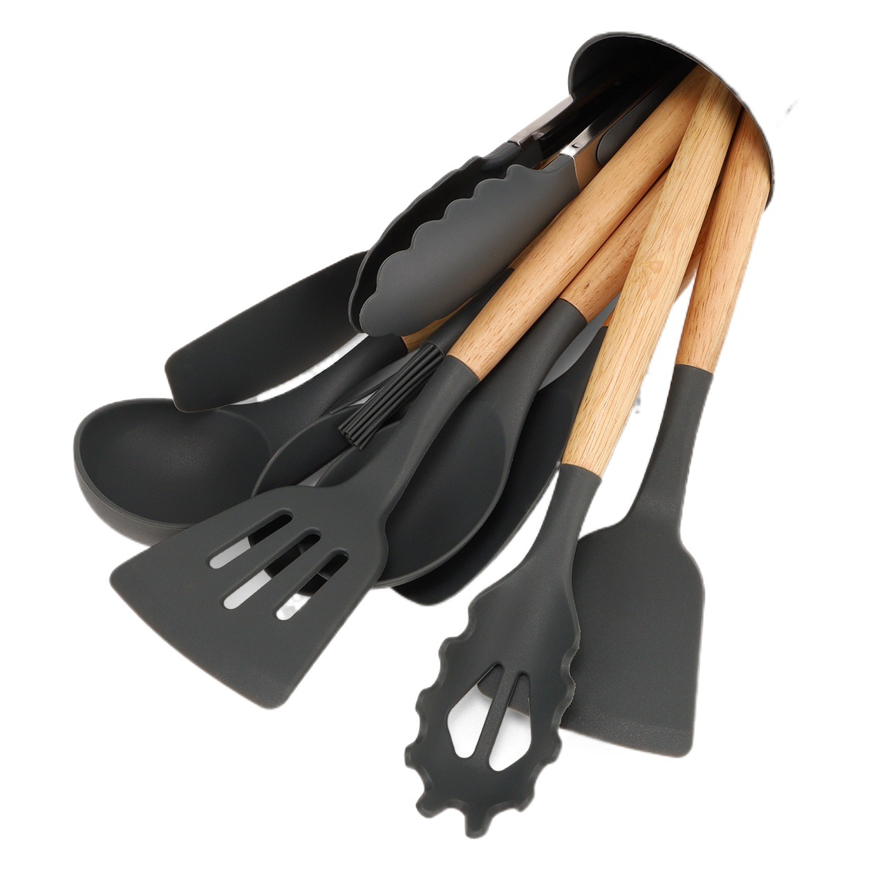 En stock cocina sartén antiadherente barril de almacenamiento mango de madera utensilios de cocina de silicona mango de madera ligera 12 piezas sartén antiadherente pala cuchara traje