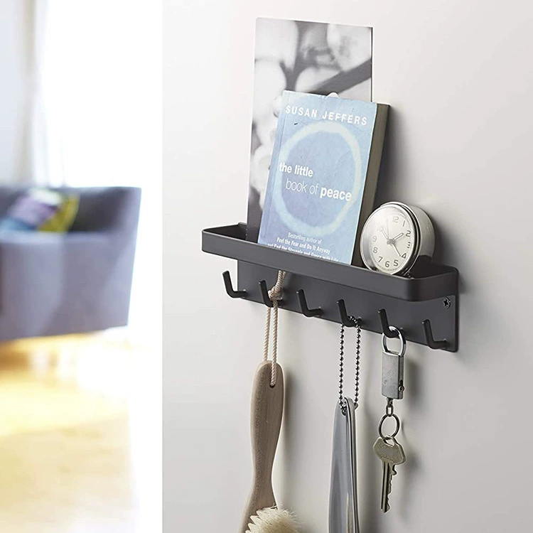 Weiye Home Self-Adhesive Key Holder with 6 Hooks, Wall-Mounted Shelf, White or Black, 24.5x4.5x6cm