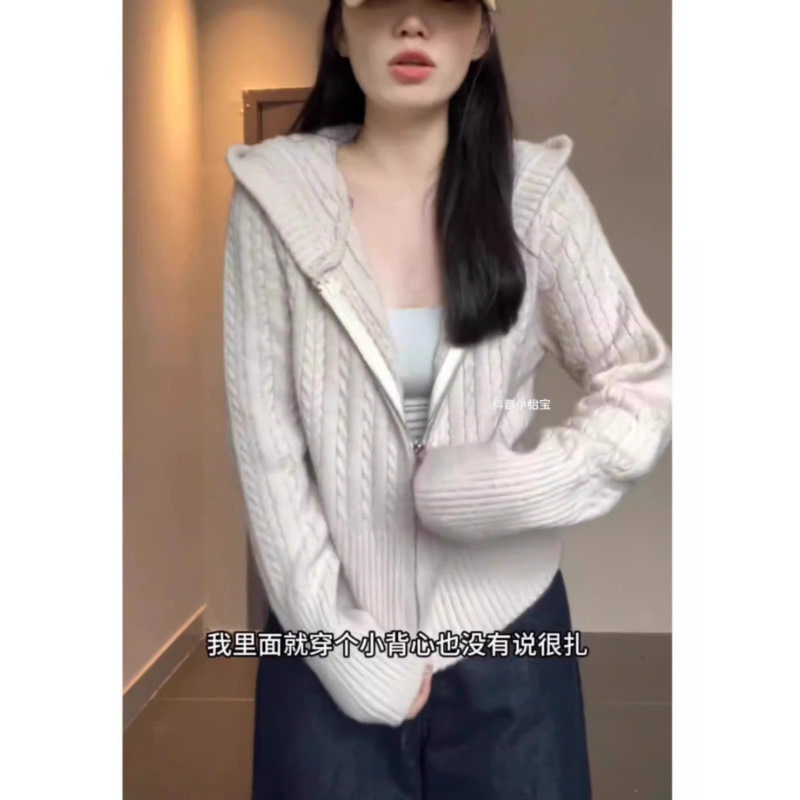 温柔风麻花连帽针织开衫女秋冬韩系慵懒拉链毛衣外套收腰短款上衣|undefined