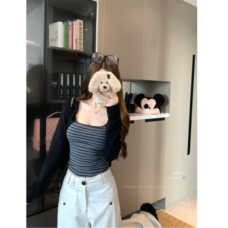 慵懒开衫外套女2025年秋季套装修身条纹吊带背心上衣两件套一整套|undefined