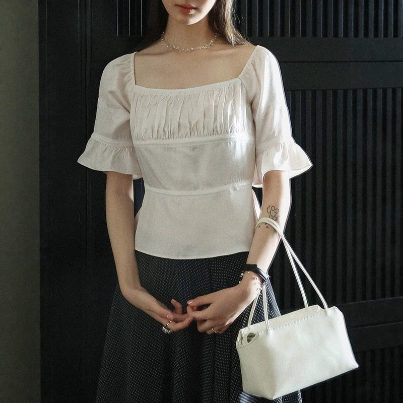 Lalaglow Full Acetate French Puff Sleeve Slim Fit Lace Patchwork Short Sleeve Women's Square Neck Blouse Lalaglow Full Acetate French Puff Sleeve Slim Fit Lace Patchwork Short Sleeve Women's Square Neck Blouse