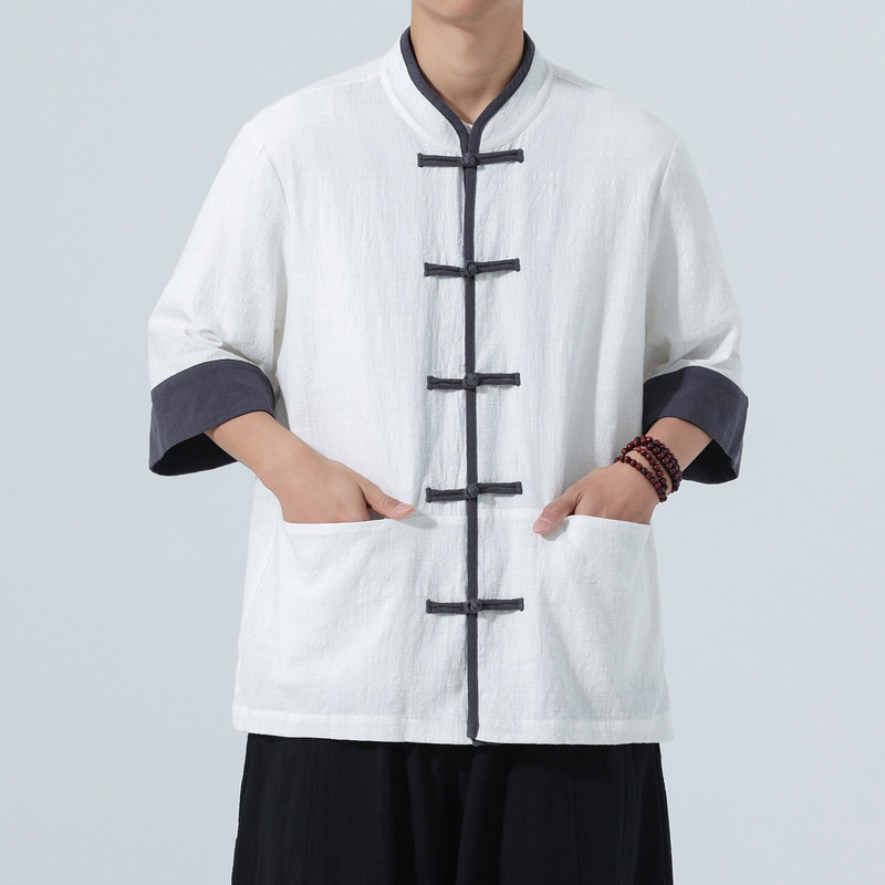 2026 Chinese Style Summer New Men's Retro Trendy Cotton and Linen Three-Quarter Sleeve Shirt Tang Suit Short-Sleeve Hanfu Top 2026 Chinese Style Summer New Men's Retro Trendy Cotton and Linen Three-Quarter Sleeve Shirt Tang Suit Short-Sleeve Hanfu Top