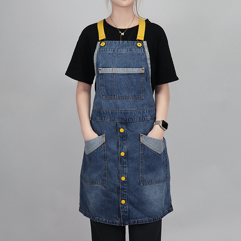 Comercio exterior agua lavada denim delantal barbero tostador café jardinería restaurante ropa de trabajo nuevo delantal de moda de color contraste