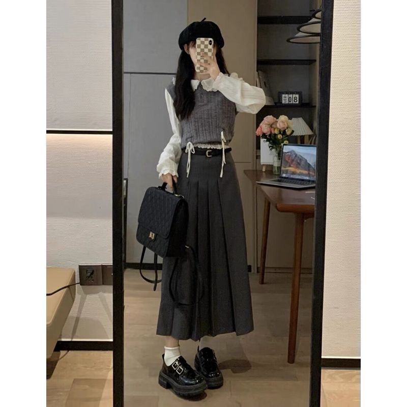 套装女秋季新款学院风毛衣衬衫假两件针织上衣复古气质灰色半身裙|undefined