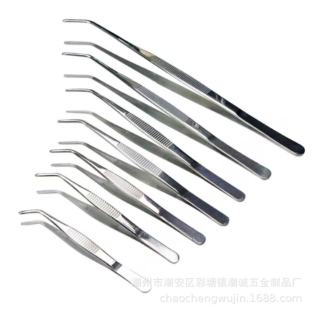 304不锈钢镊子圆弯头加长加厚敷料镊子鱼缸水草聂子工具维修夹子