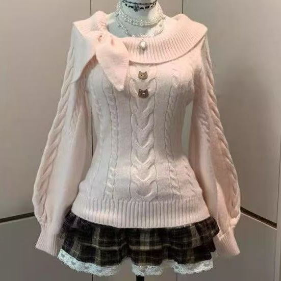 Autumn and Winter New Retro Sweetheart Style Bow Lapel Knitted Sweater Waist Slimming Look Lazy Twist Top
