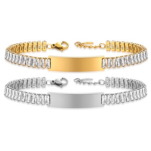 European and American Cross-Border New Stainless Steel 9mm Glossy Laser Engraving Logo Couple Inlaid Zircon Bracelet Versatile for Women
