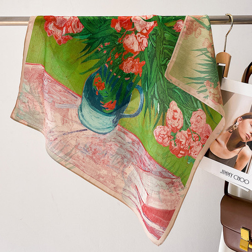 Spring oil painting literary retro small square scarf fashionable professional scarf decorative headband streamer multifunctional shawl silk scarf