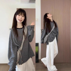 美式条纹正肩长袖t恤女春秋季2025新款早秋chic松弛感慵懒风上衣