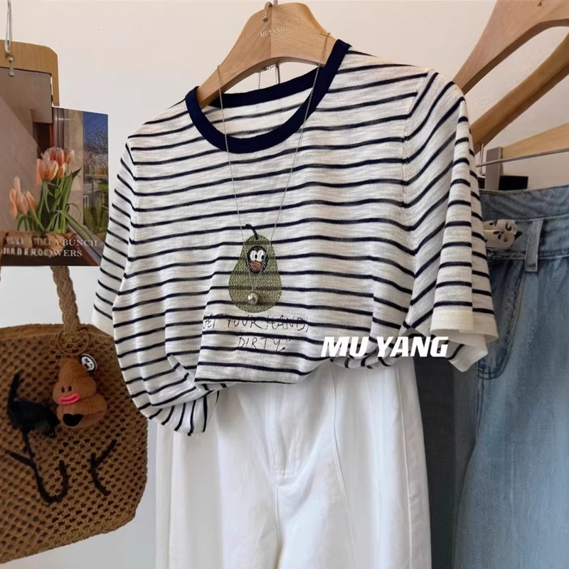 Interesting Avocado Color-Block Striped Short-Sleeve Knit Top for Women, Summer 2026 Thin Blouse