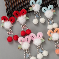 Baby's first birthday New Year rabbit ear hair accessory, suitable for girls, loving winter ancient style hair clip, children's Hanfu hair decoration