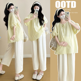 Maternity Wear 2025 Summer New Style Petite Sweet Pure Color Short-Sleeved Shirt Babydoll Shirt Outer Wear Age-Reducing Tops