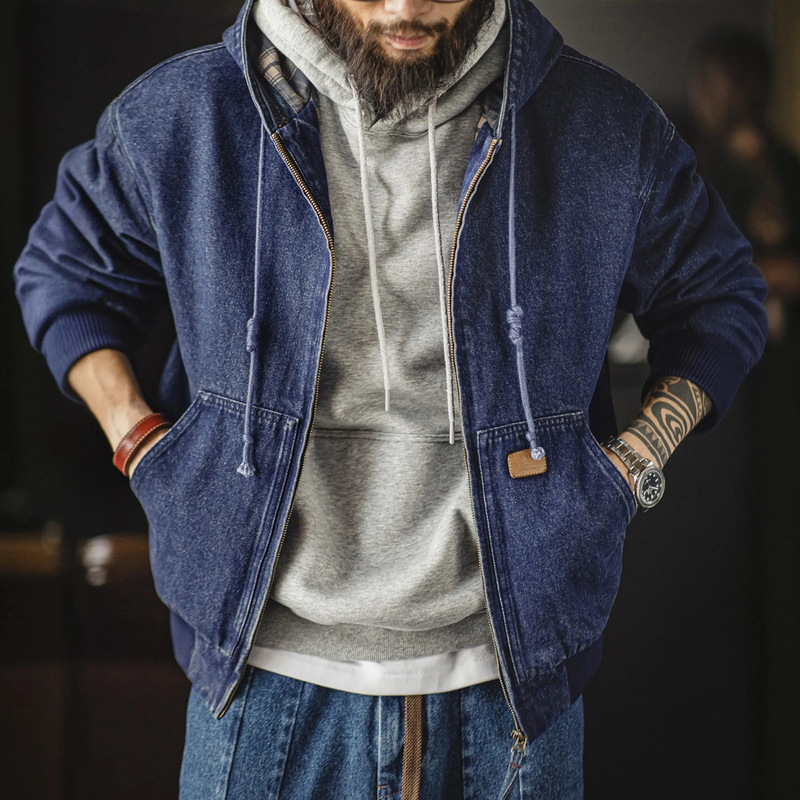 Madden Workwear American Retro Washed Denim J130 Hooded Jacket Heavyweight Distressed Vintage Coat for Men Spring Madden Workwear American Retro Washed Denim J130 Hooded Jacket Heavyweight Distressed Vintage Coat for Men Spring