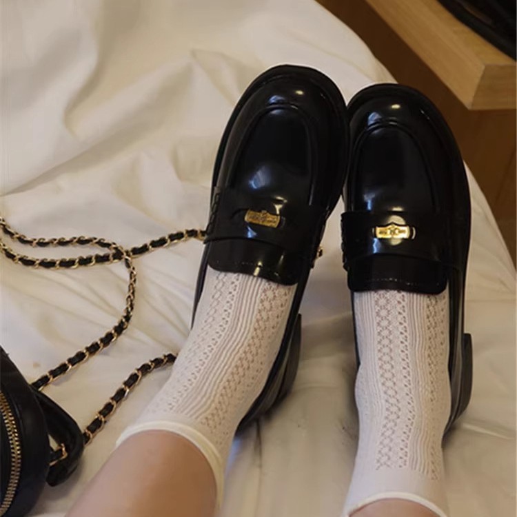 黑色厚底乐福鞋女2025新款秋季英伦风小皮鞋复古小金币粗跟单鞋子|undefined