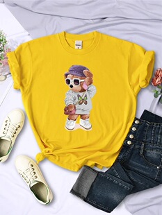 Stylish Teddy Bear Girl Cute Printed T-Shirts Women Casual B