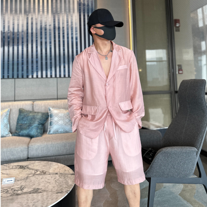 薄手の長袖シャツスーツメンズ夏のファッショントレンドルーズスーツカラーデザインシャツ+クォーターパンツ|undefined