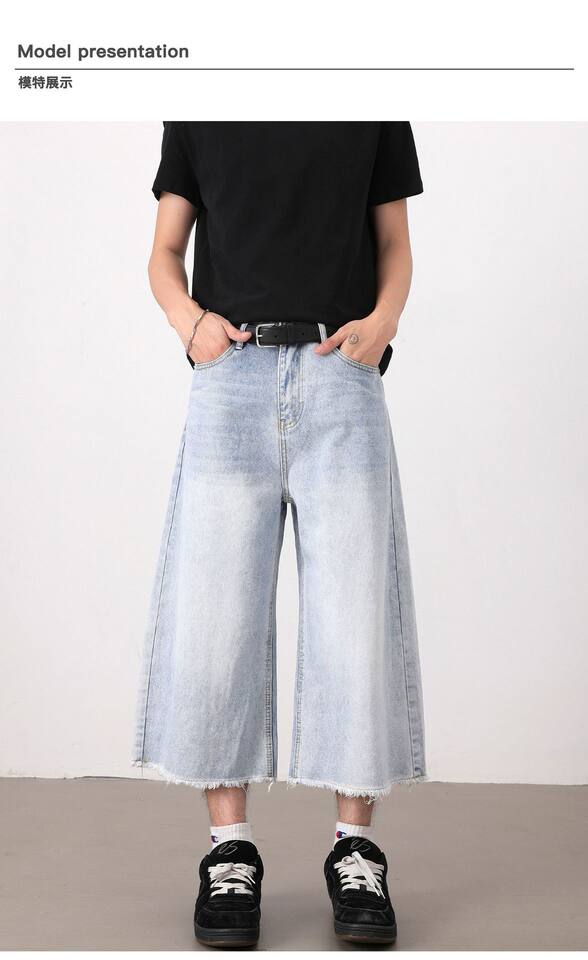 Quần short denim nam ống rộng dáng thẳng, kiểu Mỹ cổ điển, wash xước gấu, dài 8/10 — Màu xanh dương chi tiết 9