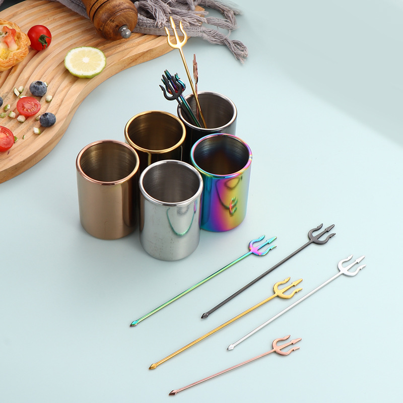 Cross-border 304 stainless steel fruit fork creative sea king harpoon dessert fork toothpick container appetizer fork fancy toothpicks