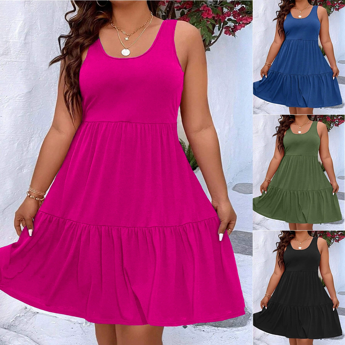 Платье женское повседневное без рукавов, однотонное, средней длины, больших размеров, для весны и лета 2025 года, в европейском и американском стиле, для работы и отдыха.