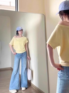 Zhang Jingyi's Same Style 2025 Super Nice Slant Collar One-Line Off-Shoulder Short-Sleeved T-Shirt Women's Slimming Look and Chic Top