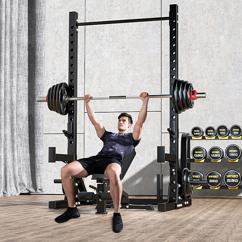 Equipo deportivo de acondicionamiento integrado con soporte de cama de levantamiento de peso de barra paralela única y multifuncional de cuclillas y empuje horizontal