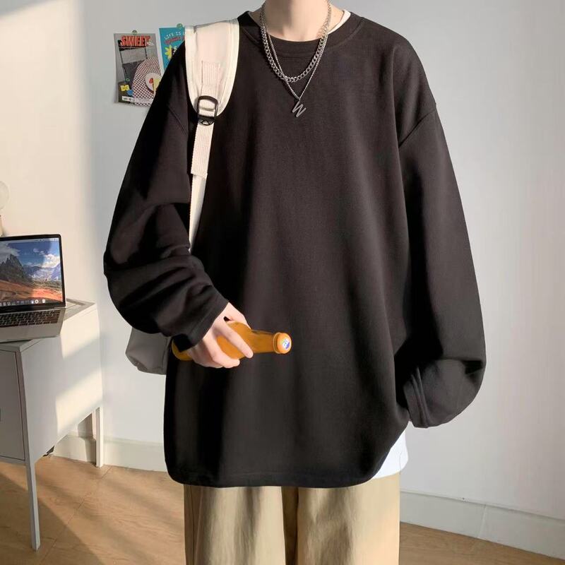 長袖Tシャツメンズ香港スタイルの新しい春と秋の厚手の純綿ルーズTシャツインナーレイヤリングシャツ無地トップ|undefined