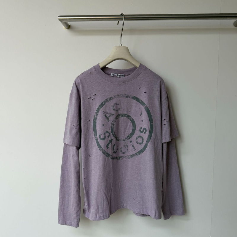 Correct Version of the New Early Spring Ac Style Button-Printed Purple Vintage Distressed Loose-Fitting Fake Two-Piece Long-Sleeve T-Shirt for Both Men and Women Correct Version of the New Early Spring Ac Style Button-Printed Purple Vintage Distressed Loose-Fitting Fake Two-Piece Long-Sleeve T-Shirt for Both Men and Women