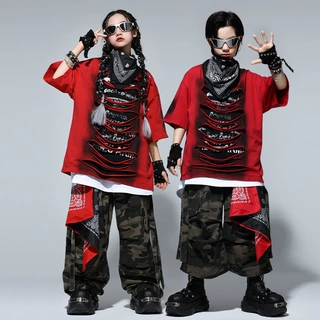 少儿街舞演出服男女童嘻哈迷彩裤套装儿童小孩hiphop表演走秀潮服