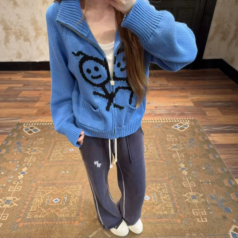 Correct version! Urban new style stickman zip-up jacket, cute little man logo high-neck knitted cardigan sweater Correct version! Urban new style stickman zip-up jacket, cute little man logo high-neck knitted cardigan sweater