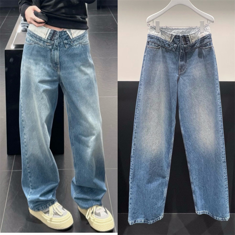Shenzhen Nanyou Wholesale 26 Early Spring New Model Mm6 Niche Design Color-Block Patchwork Waist Blue Loose-Fit Women's Jeans
