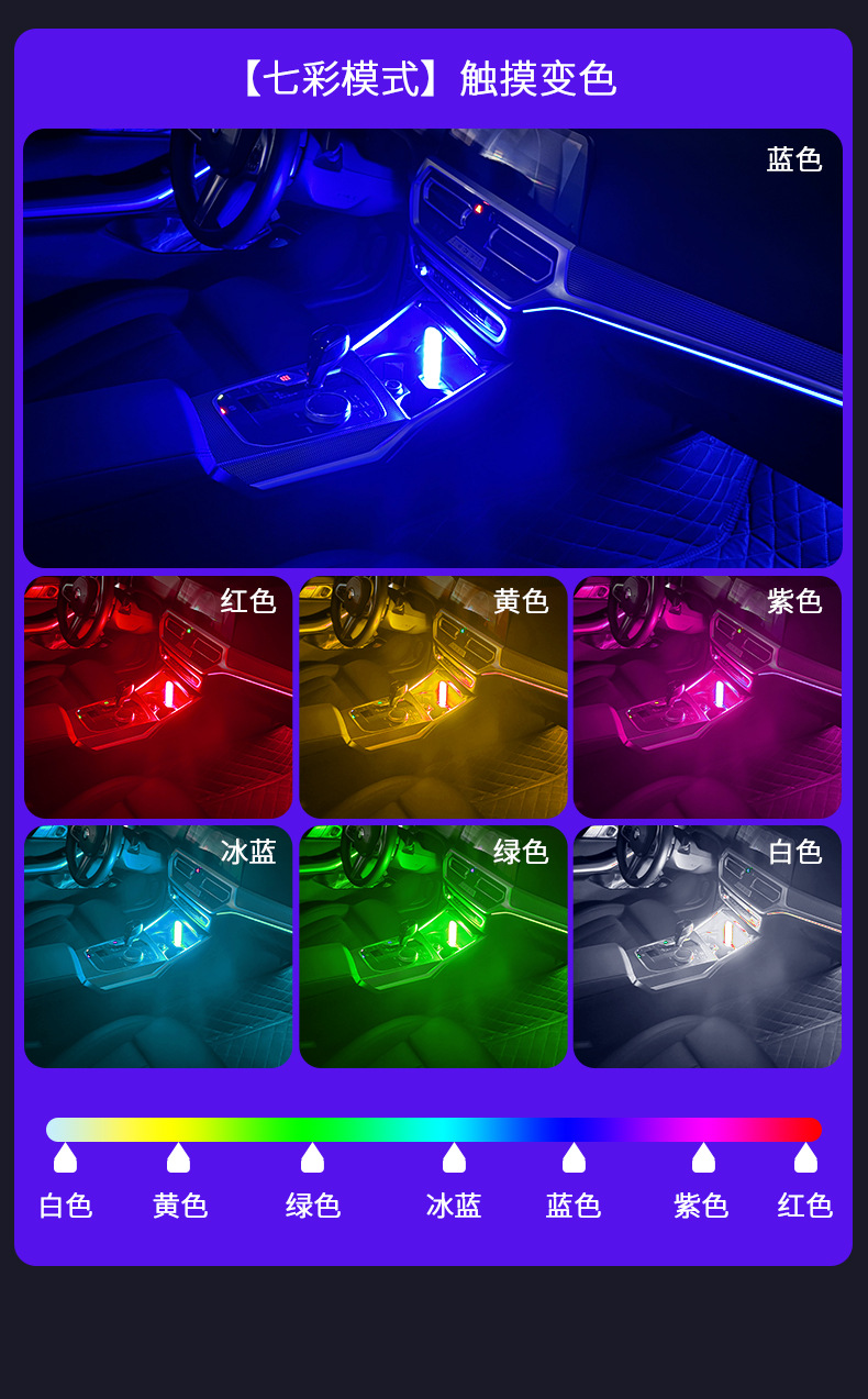 Car atmosphere light car LED foot light colorful breathing sensor USB wiring-free car change decorative atmosphere light