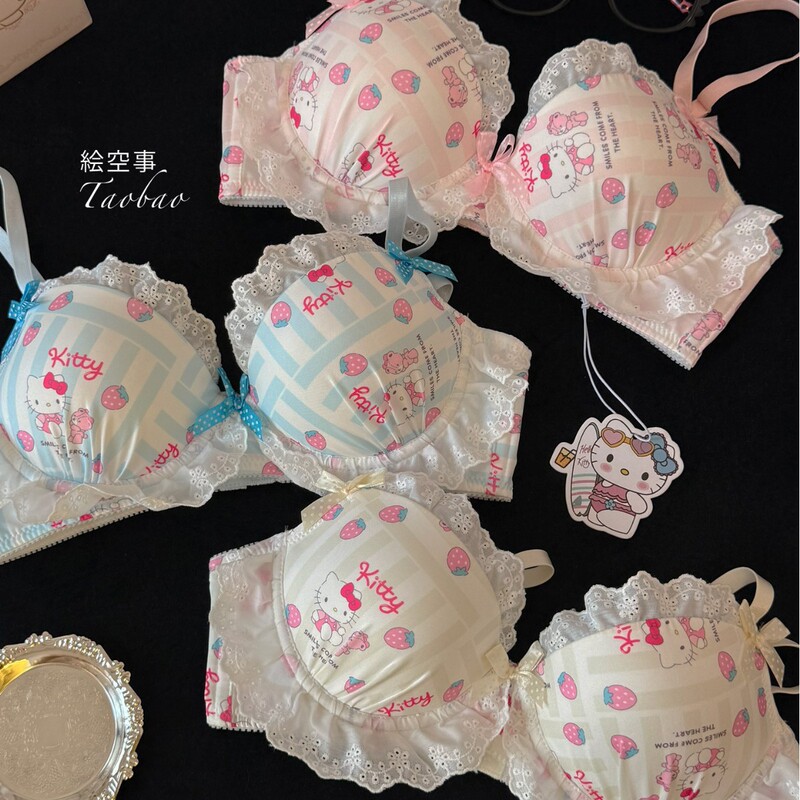 Japanese-Style Cute Hello Kitty Color-Blocked Lace Wireless Bra Set for Girls with Sweet Bowknot Thin Bralette Japanese-Style Cute Hello Kitty Color-Blocked Lace Wireless Bra Set for Girls with Sweet Bowknot Thin Bralette