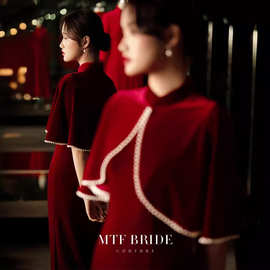 2026年新款跨境酒红色订婚答谢宴名媛礼服新娘敬酒服改良旗袍批发