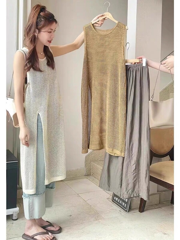 Summer Design-Inspired Vacation Style Knitted Over-The-Knee Skirt with a Hollow-Out Long Slit Tank Dress for Women