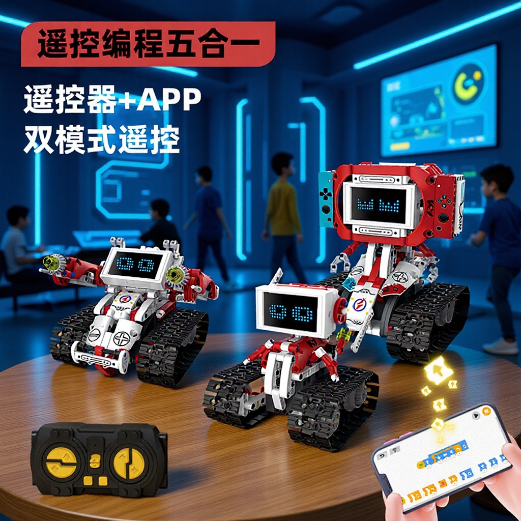 Five-In-One Remote Control Programming Game Robot Model Building Blocks Digital Display Children's Electric Assembly Toys Compatible with Lego