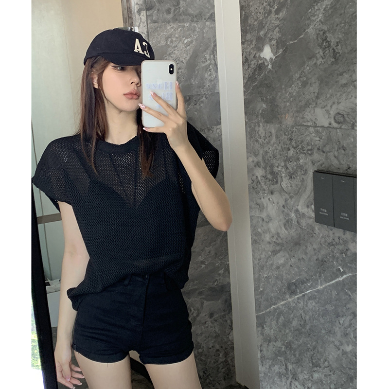 Camiseta de manga corta de estilo coreano para mujer verano delgada chica caliente diseño de blusa de protección solar hueca suelta adelgazante Top corto
